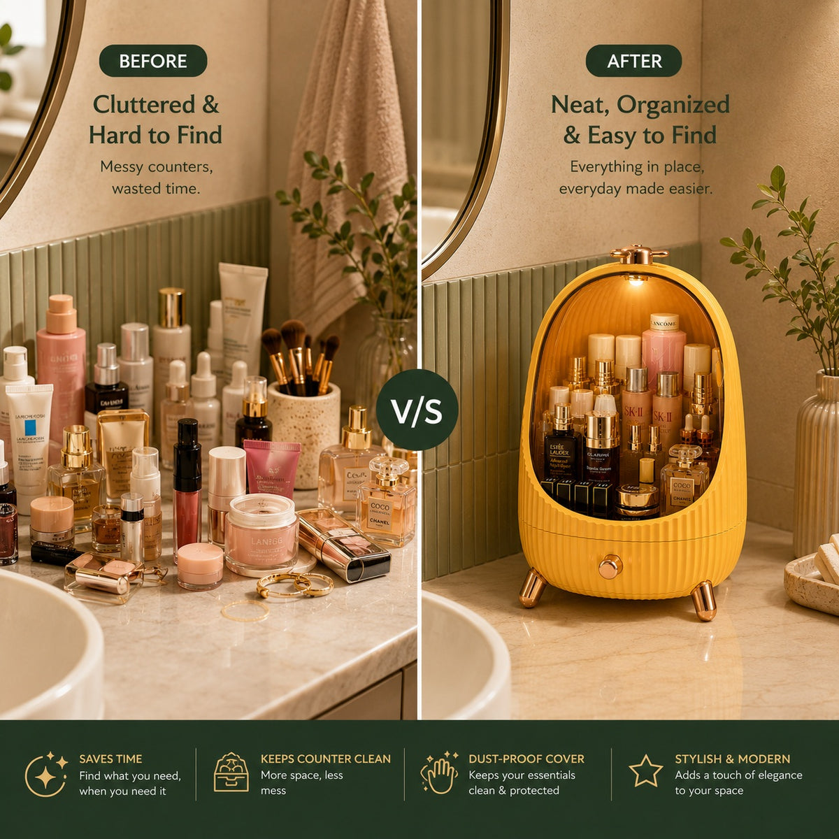 Neat Theory makeup organizer before and after storage