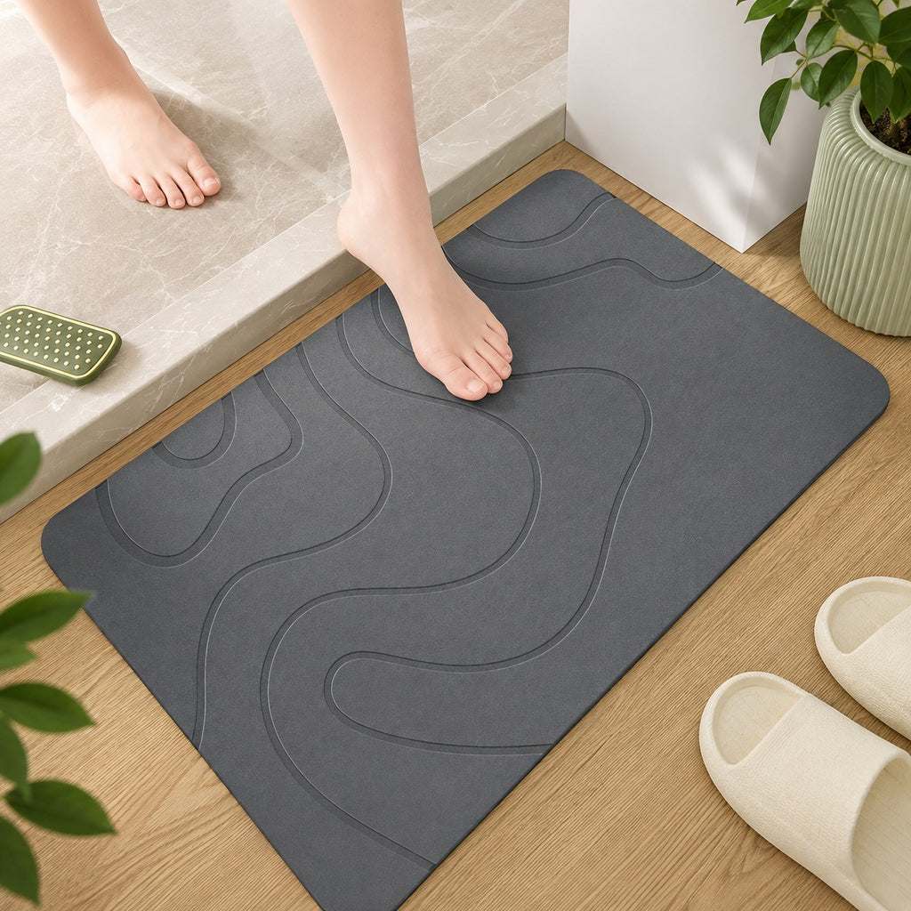 Neat Theory grey stone bath mat in a styled bathroom