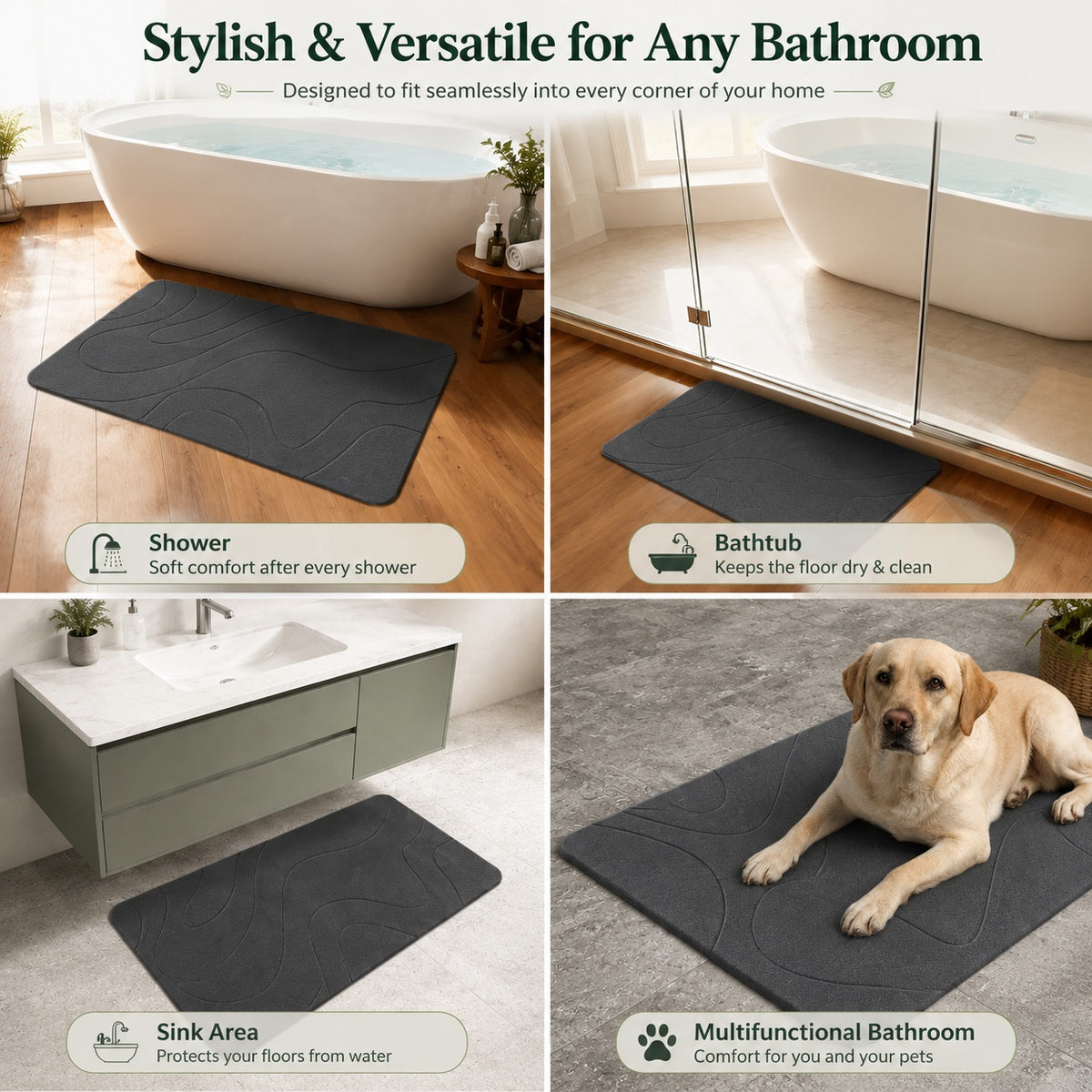Neat Theory stone bath mat shown in multiple bathroom uses