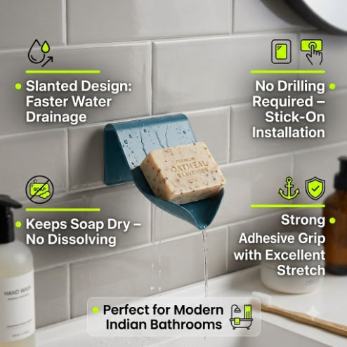 Neat Theory soap holder drainage and no-drill features