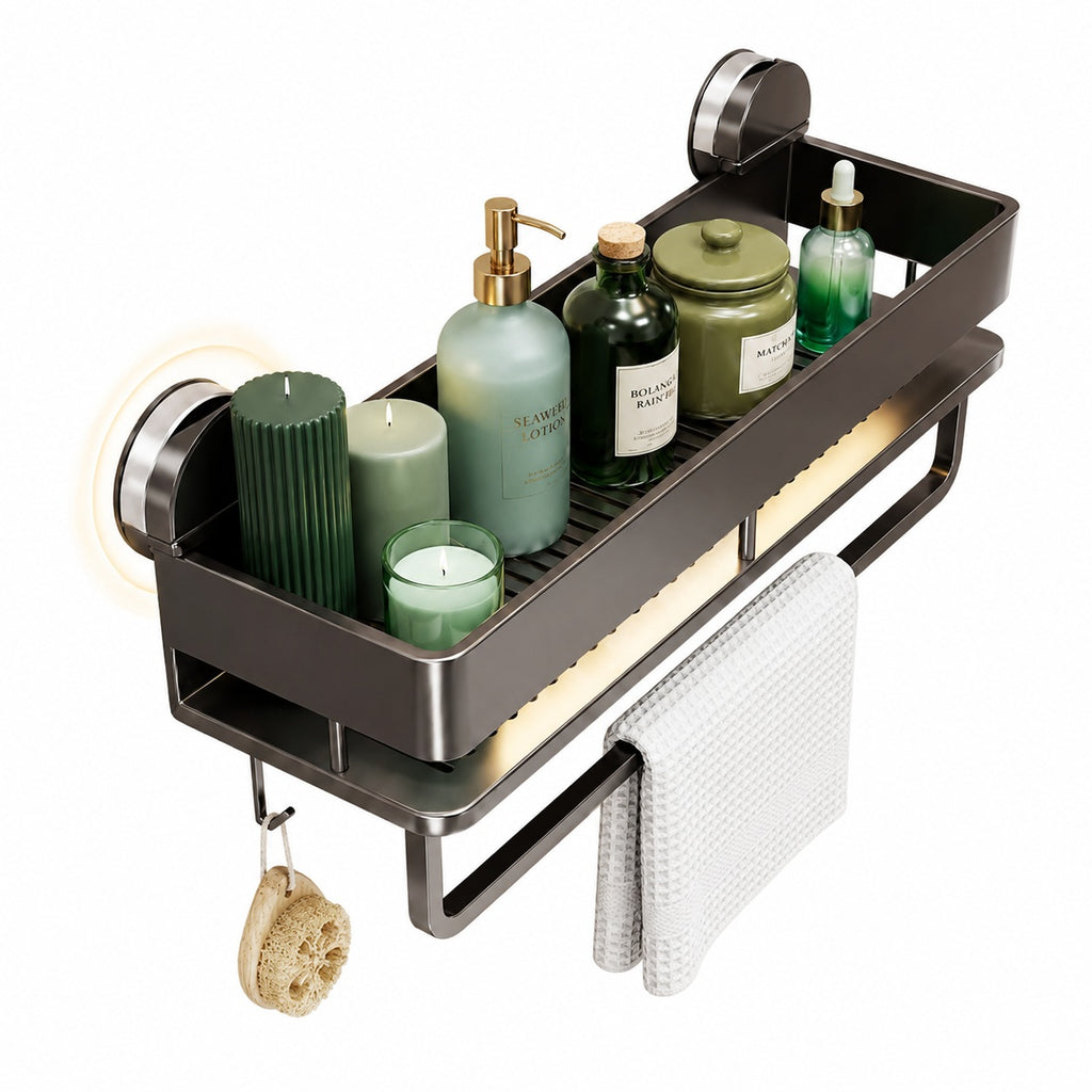 Neat Theory suction bathroom shelf rack on white background