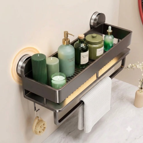 Neat Theory suction bathroom shelf rack in a styled bathroom