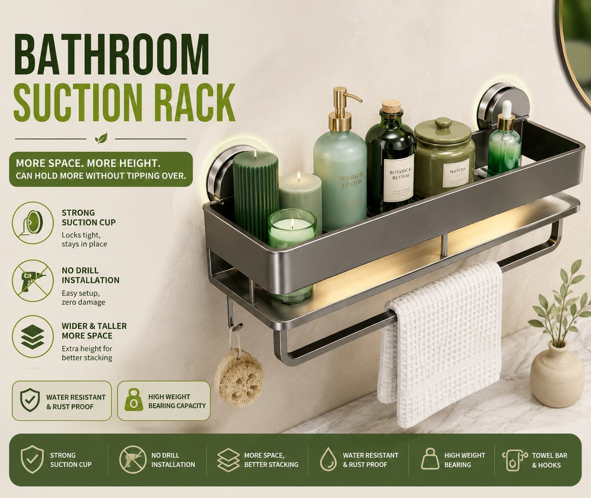 Neat Theory bathroom suction rack features