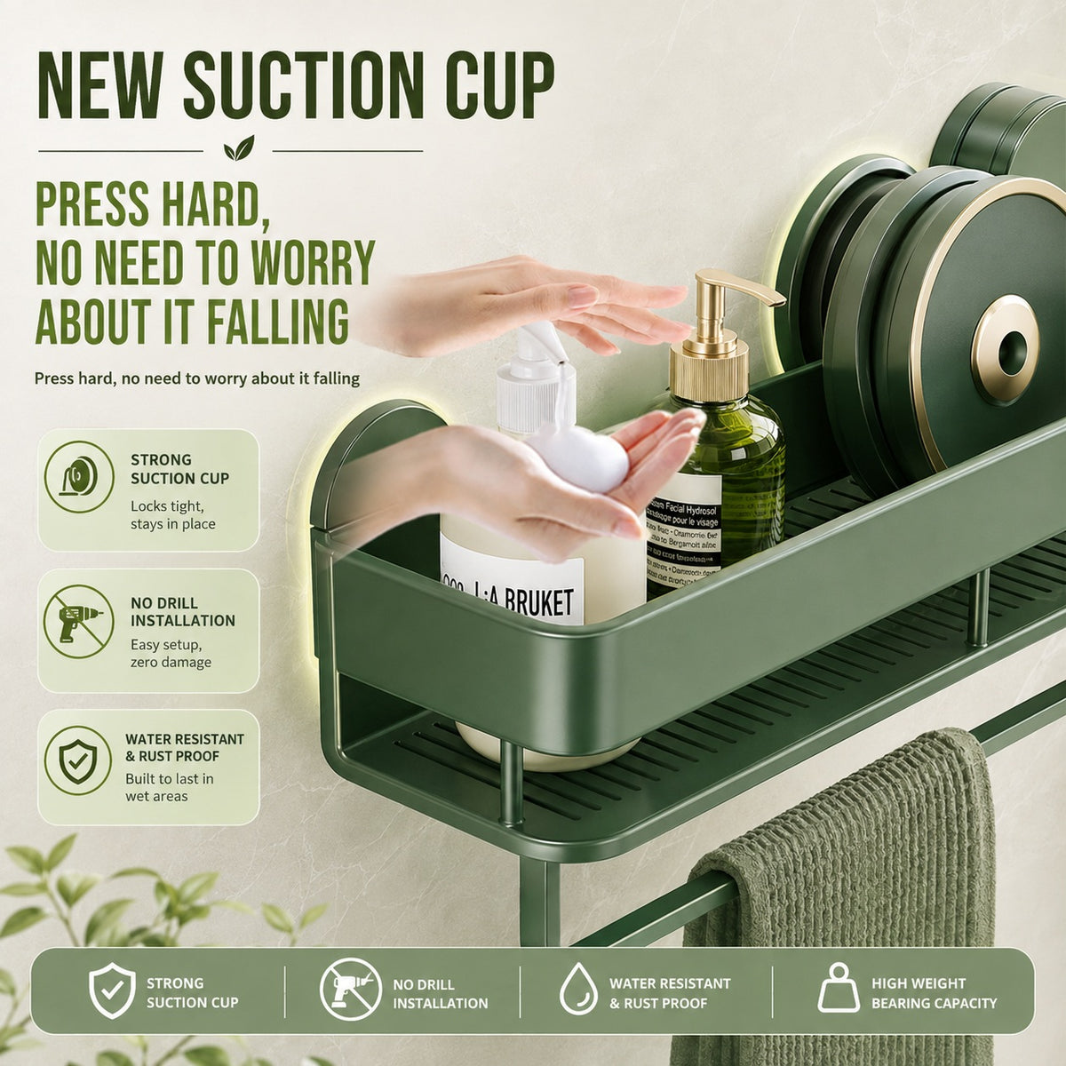 Neat Theory bathroom rack suction cup feature