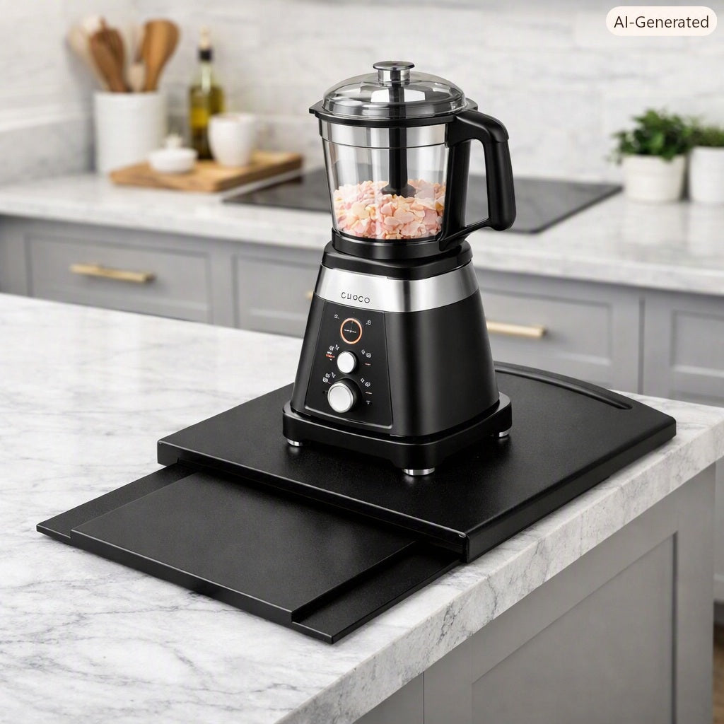 Neat Theory kitchen appliance sliding tray with blender on a countertop