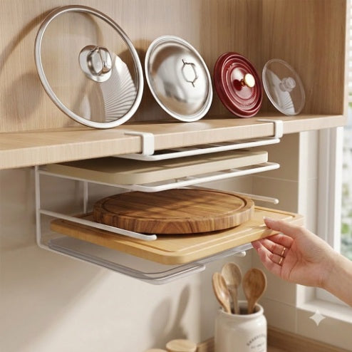 Neat Theory under-cabinet board and tray holder in a kitchen