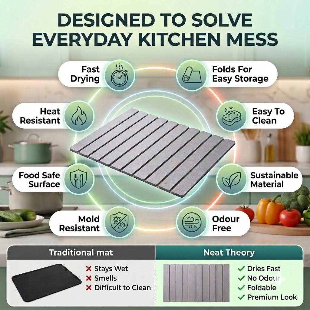 Neat Theory stone dish mat features and easy storage
