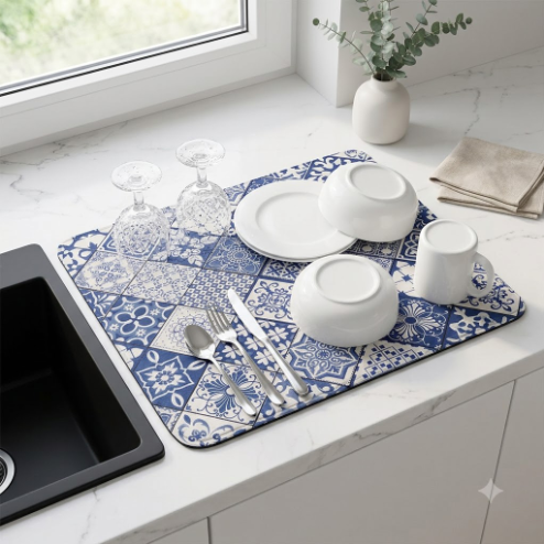 Neat Theory patterned dish mat with dishes