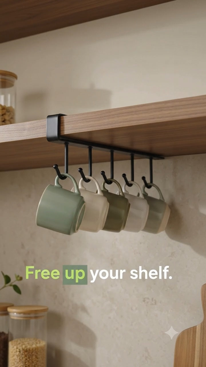 Neat Theory black mug holder with cups in a styled kitchen