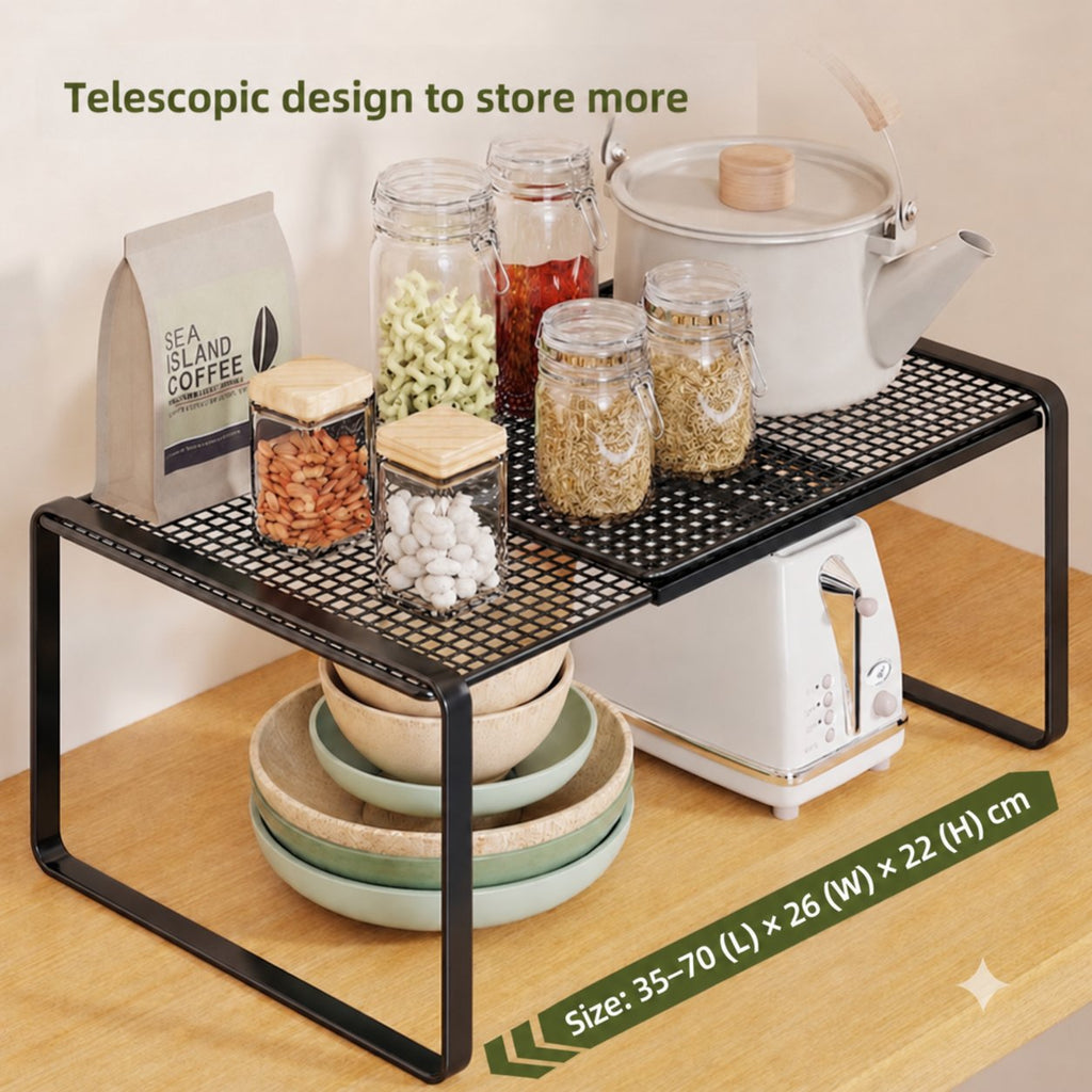 Neat Theory expandable shelf riser organizing plates and cookware in a kitchen cabinet
